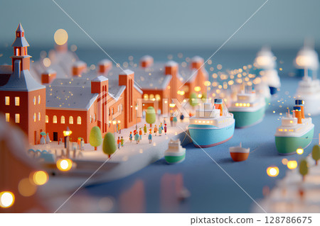 Illustration of a port with a large passenger ship and brick warehouses (3D) 128786675