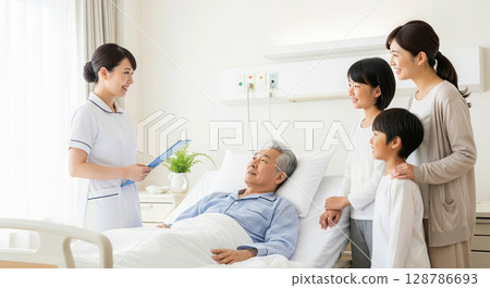 A nurse explaining to a family member who came to visit 128786693