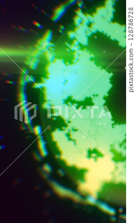 A pixelated green and yellow digital sphere glows with chromatic distortion, evoking a glitchy tech aesthetic A pixelated green and yellow digital sphere glows with chromatic distortion, evoking a glitchy tech aesthetic 128786728