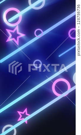 Glowing neon shapes including circles and stars on a dark background with a playful geometric layout 128786736