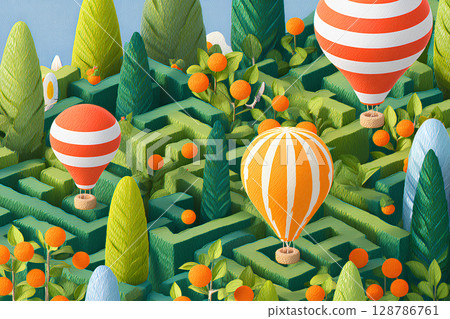 A beautiful fruit field with a hot air balloon 128786761
