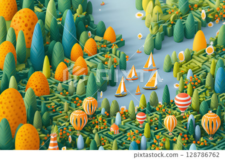 A beautiful fruit field with a hot air balloon 128786762