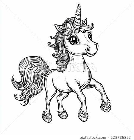 Whimsical Unicorn Line Drawing, Black and White Illustration with Flowing Mane and Round Face 128786832