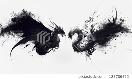 Black and White Phoenix and Dragon Duo, Monochrome Line Art with Spread Wings and Mythical Detail 128786853