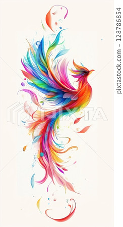Colorful Phoenix Bird in Flight, Digital Illustration with Spread Wings Facing Right Colorful Phoenix Bird in Flight, Digital Illustration with Spread Wings Facing Right 128786854