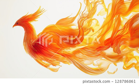 Phoenix Bird in Dynamic Flight, Digital Illustration with Spread Wings and Sideward Glance 128786861