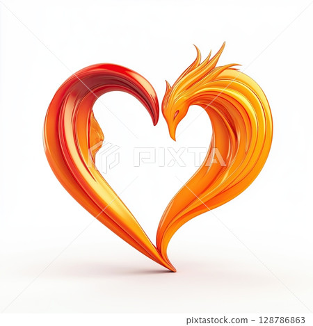 Heart-Shaped Phoenix Logo, Iconic Bird with Spread Wings Facing Right 128786863