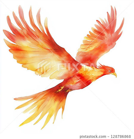 Watercolor Phoenix in Flight, Artistic Bird with Spread Wings Facing Right 128786868