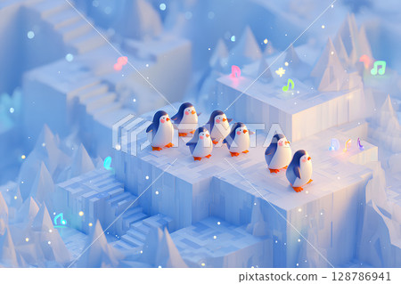 A cool scene of icebergs and penguins A cool scene of icebergs and penguins 128786941
