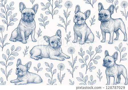 Pattern illustration with French bulldog and plants 128787029