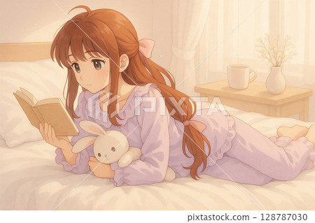 Illustration of a girl relaxing in bed reading a book 128787030