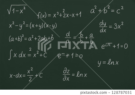 黑板上用粉筆書寫的數學公式和函數圖 128787031