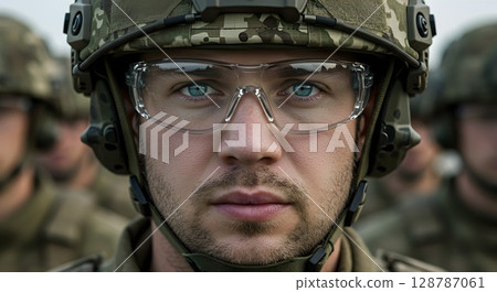 A man soldier with blue eyes wearing a camouflage helmet and protective glasses with a determined expression. Military service concept. 128787061