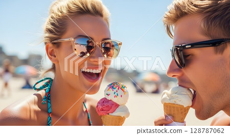 Happy woman and man eating ice cream cone on sunny beach. Couple enjoying summer vacation by ocean. Refreshing holiday moment. 128787062
