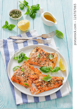 grilled salmon fillets with skin-on, top view 128787065