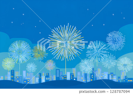 Beautiful cityscape with fireworks 128787094