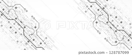 Technological background in gray colors. Used technical lines and a pattern of squares with different shades of gray. 128787099