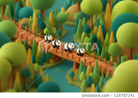 Panda crossing a wooden bridge in the forest (3D) 128787141