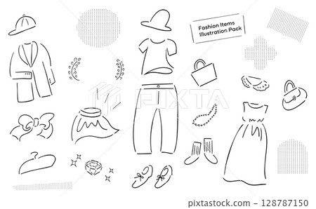 Assortment of hand-drawn illustrations of women's spring and summer wardrobe_Apparel & Accessories_Line drawings 128787150