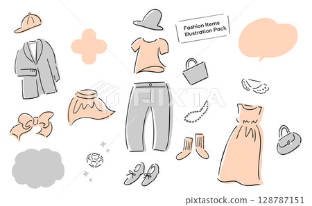 Hand-drawn illustrations of women's spring and summer wardrobe_Apparel & accessories_Pale colors Hand-drawn illustrations of women's spring and summer wardrobe_Apparel & accessories_Pale colors 128787151