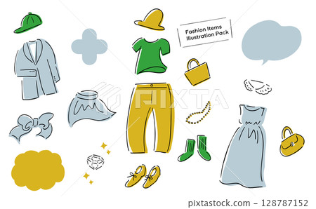 Hand-drawn illustrations of women's spring and summer wardrobe_Apparel & accessories_Natural colors 128787152