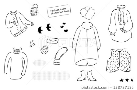 Hand-drawn illustrations of women's autumn/winter wardrobe_Apparel & accessories_Line drawings Hand-drawn illustrations of women's autumn/winter wardrobe_Apparel & accessories_Line drawings 128787153