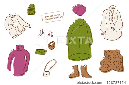 女裝秋冬衣櫥手繪插畫_服飾配件_大地色系 128787154