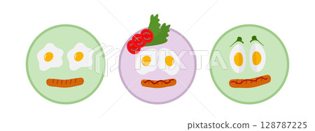 Fried and Hard boiled Eggs with sausage on plate Cute Food Emoticons Egg Day design element idea Set 128787225