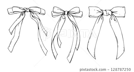 Set of large thin bows coquette with long tails textile from satin and silk ribbons. Illustration hand-drawn in black ink line art graphics. For women, girls, holidays, decoration, accessories, gifts. Set of large thin bows coquette with long tails textile from satin and silk ribbons. Illustration hand-drawn in black ink line art graphics. For women, girls, holidays, decoration, accessories, gifts. 128787250