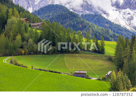 Geisler or Odle Dolomites Group, Alps, Italy 128787352