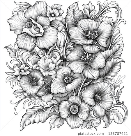 Black and white floral drawing, Line art of flower and leaf design, Intricate botanical illustration, Detailed flower and foliage sketch, Monochrome floral artwork 128787421