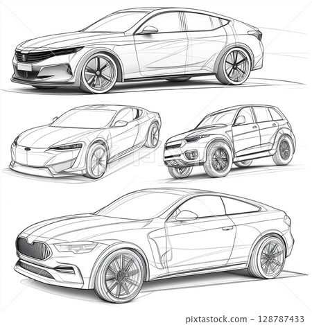 Line drawing of cars, Four types of cars, Sports car with sleek design, Car illustration with alloy wheels, Black and white car sketch 128787433