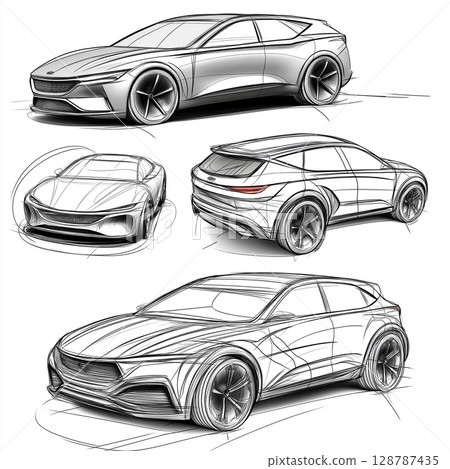 Line drawing of cars, Four types of cars, Sports car with sleek design, Car illustration with alloy wheels, Black and white car sketch Line drawing of cars, Four types of cars, Sports car with sleek design, Car illustration with alloy wheels, Black and white car sketch 128787435