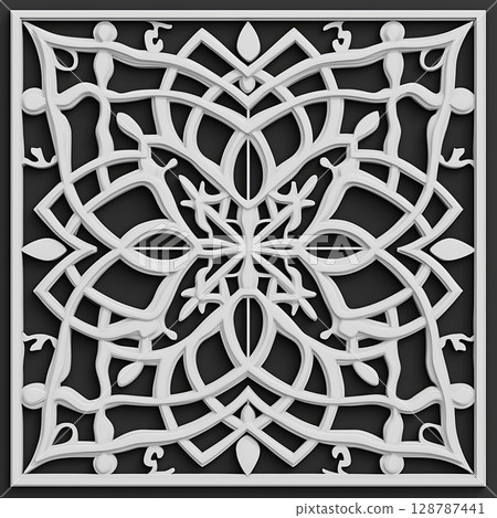 3D rendering of blue mandala, Intricate mandala design, Symmetrical mandala pattern, Blue mandala on dark background, Decorative swirl illustration 128787441