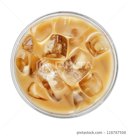 Top view of iced coffee with milk in disposable plastic cup isolated on white background 128787508