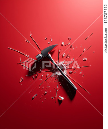 Steel Hammer Impact with Radial Shatter Pattern on Red Background Seen from Above Steel Hammer Impact with Radial Shatter Pattern on Red Background Seen from Above 128787512