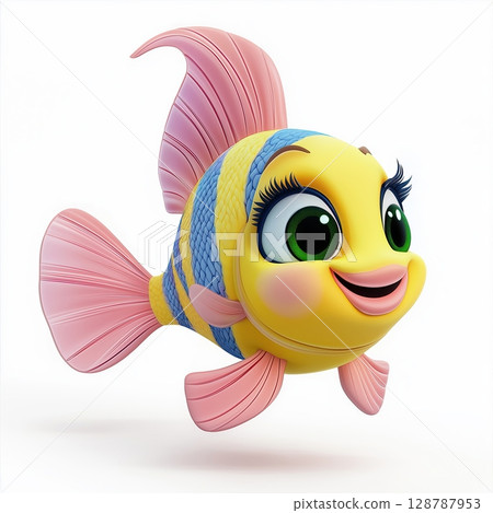 Cartoon illustration of colorful fish, Yellow fish with blue stripes, Fish with pink tail and green eyes, Smiling cartoon fish character, Cute aquatic animal artwork 128787953