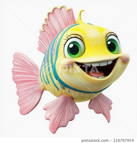 Cartoon illustration of colorful fish, Yellow fish with blue stripes, Fish with pink tail and green eyes, Smiling cartoon fish character, Cute aquatic animal artwork 128787954
