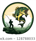 Fishing scene logo design, Emblem with green and yellow fish, Large fish with open mouth, Spiky tail fish illustration, Aggressive fishing logo artwork 128788033