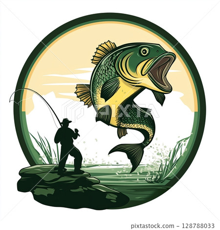Fishing scene logo design, Emblem with green and yellow fish, Large fish with open mouth, Spiky tail fish illustration, Aggressive fishing logo artwork Fishing scene logo design, Emblem with green and yellow fish, Large fish with open mouth, Spiky tail fish illustration, Aggressive fishing logo artwork 128788033