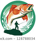 Fishing scene logo design, Emblem with large fish illustration, Orange and white fish with spiky tail, Aggressive fish logo artwork, Fish with open mouth design 128788034