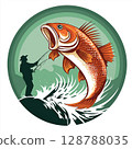 Fishing scene logo design, Emblem with large fish illustration, Orange and white fish with spiky tail, Aggressive fish logo artwork, Fish with open mouth design 128788035