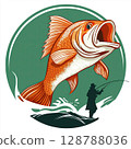 Fishing scene logo design, Emblem with large fish illustration, Orange and white fish with spiky tail, Aggressive fish logo artwork, Fish with open mouth design 128788036