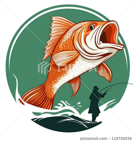 Fishing scene logo design, Emblem with large fish illustration, Orange and white fish with spiky tail, Aggressive fish logo artwork, Fish with open mouth design Fishing scene logo design, Emblem with large fish illustration, Orange and white fish with spiky tail, Aggressive fish logo artwork, Fish with open mouth design 128788036