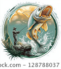 Fishing scene logo design, Emblem with silver and yellow fish, Large fish with open mouth, Spiky tail fish illustration, Aggressive fishing emblem artwork 128788037