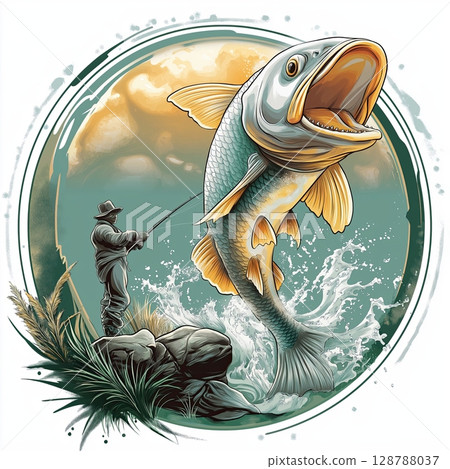 Fishing scene logo design, Emblem with silver and yellow fish, Large fish with open mouth, Spiky tail fish illustration, Aggressive fishing emblem artwork Fishing scene logo design, Emblem with silver and yellow fish, Large fish with open mouth, Spiky tail fish illustration, Aggressive fishing emblem artwork 128788037