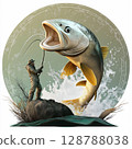 Fishing scene logo design, Emblem with silver and yellow fish, Large fish with open mouth, Spiky tail fish illustration, Aggressive fishing emblem artwork 128788038