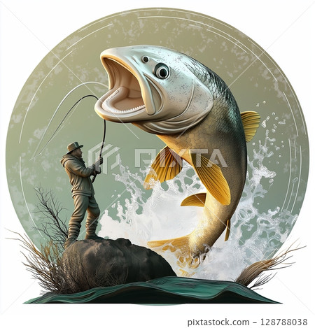 Fishing scene logo design, Emblem with silver and yellow fish, Large fish with open mouth, Spiky tail fish illustration, Aggressive fishing emblem artwork 128788038