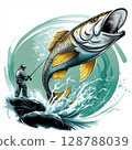 Fishing scene logo design, Emblem with silver and yellow fish, Large fish with open mouth, Spiky tail fish illustration, Aggressive fishing emblem artwork 128788039