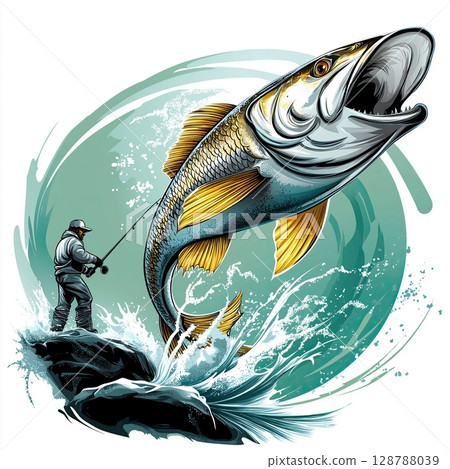 Fishing scene logo design, Emblem with silver and yellow fish, Large fish with open mouth, Spiky tail fish illustration, Aggressive fishing emblem artwork Fishing scene logo design, Emblem with silver and yellow fish, Large fish with open mouth, Spiky tail fish illustration, Aggressive fishing emblem artwork 128788039